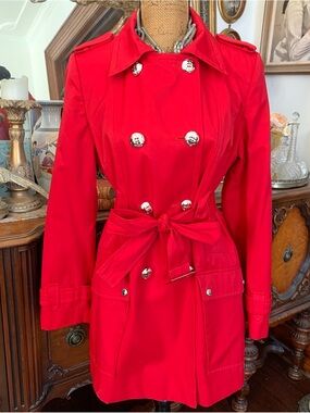 Like-New Calvin Klein Classy Sexy Red Military-inspo Double-Breasted Trench Coat